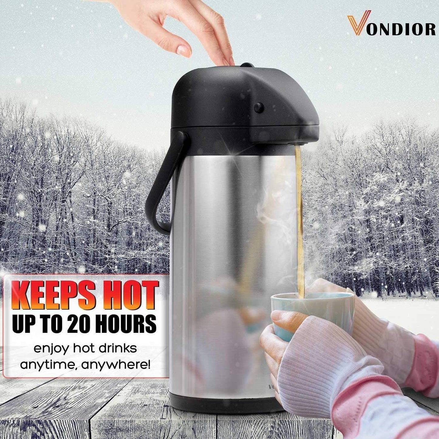 Vondior Thermal Coffee Pot 3L, Insulated Coffee Carafe Jugs with Pump Stainless Steel, Teapot Vacuum Jug for Hot/Cold Water, Party Chocolate Drinks