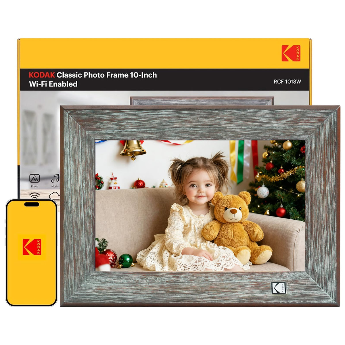 KODAK Digital Photo Frame 10 inch, WiFi Digital Picture Frame with 32GB Internal Memory, HD IPS Touchscreen, Classic Wood Electronic Digital Frame,