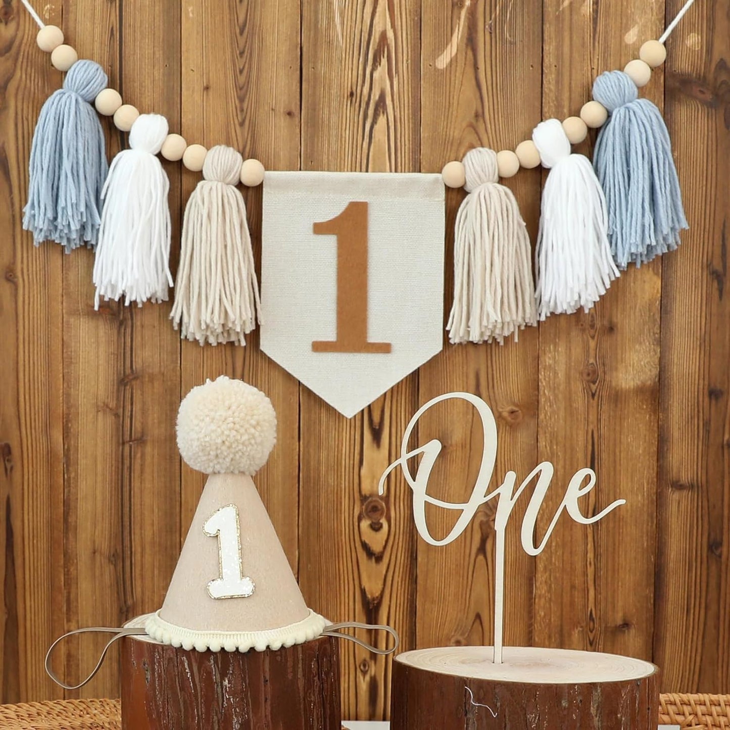 1st Birthday Highchair Banner Decorations For First Boys Khaki Cone Hat With One Cake Topper Photo Backdrop (Khaki)