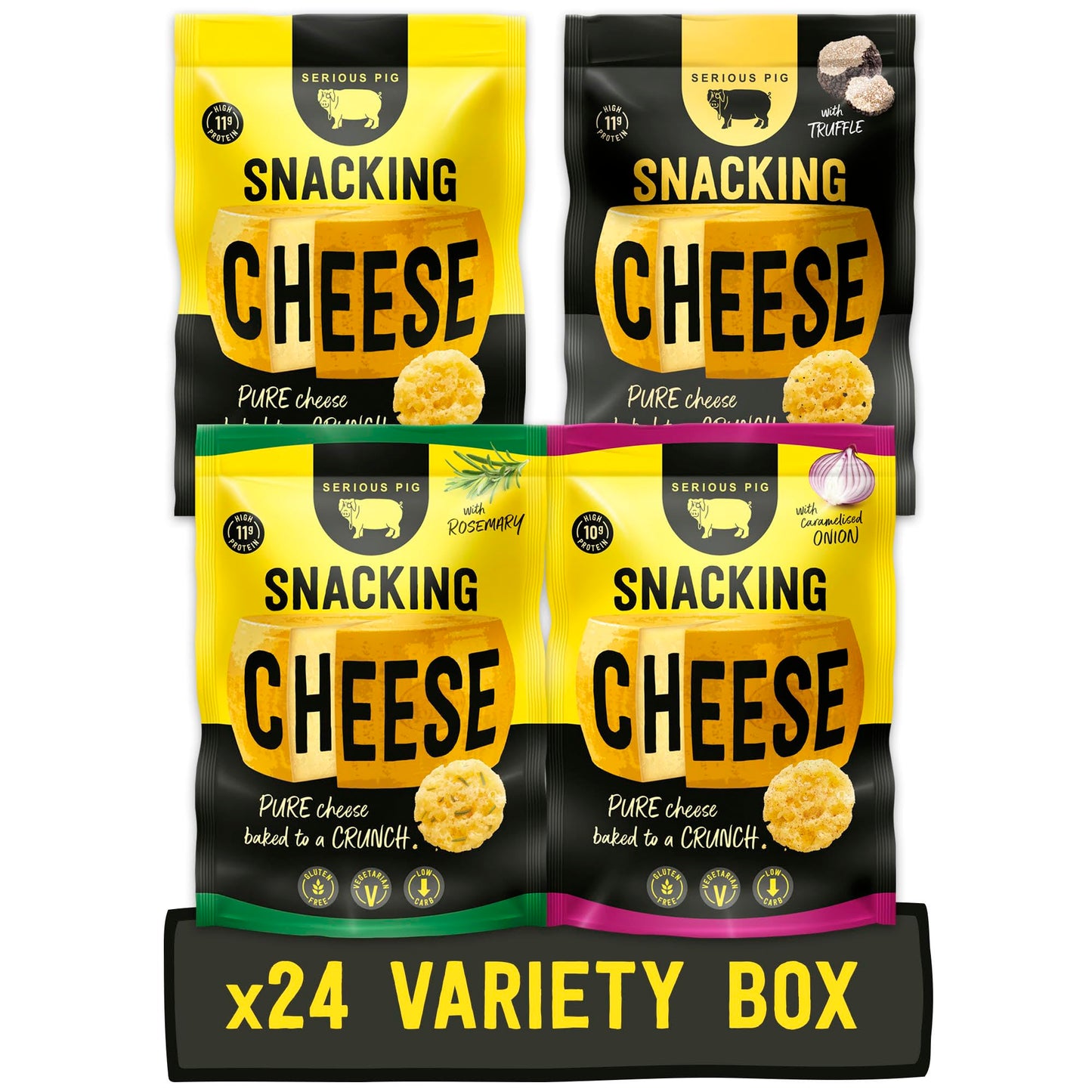 Serious Pig Snacking Cheese Variety Pack, Classic Rosemary Truffle Caramelised Onion Flavours (24 x 24g)