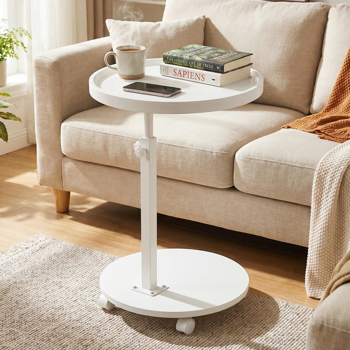 OUAYEMEL Side Table Adjustable Height, 360°Swivel End/Bedside Tables with Wheels for Sofa Bedroom Office Living Room, Coffee Tables for Small Spaces