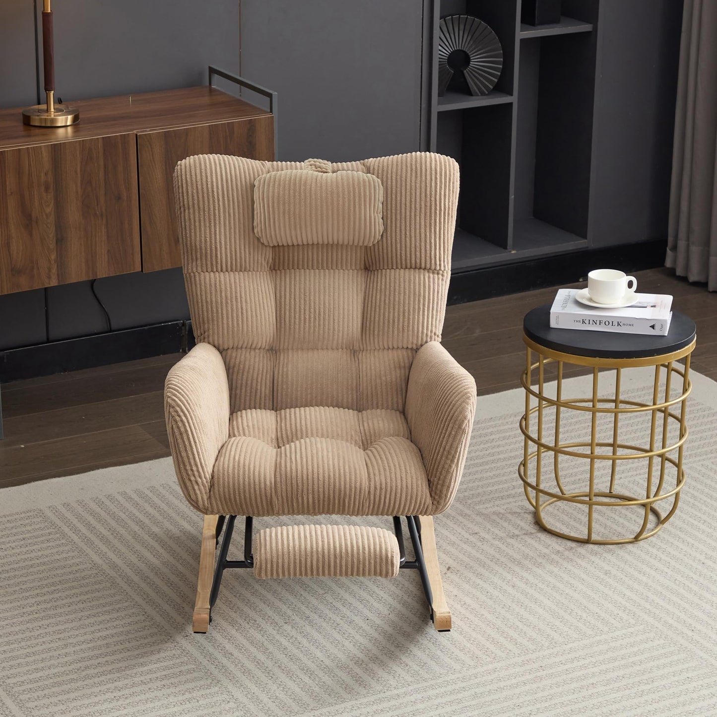 ModernLuxe Rocking Chair Fabric Lounge Armchair with Wooden Rocker Legs,Adjustable Footrest & Headrest, Side Pocket Storage, High Backrest – Brown