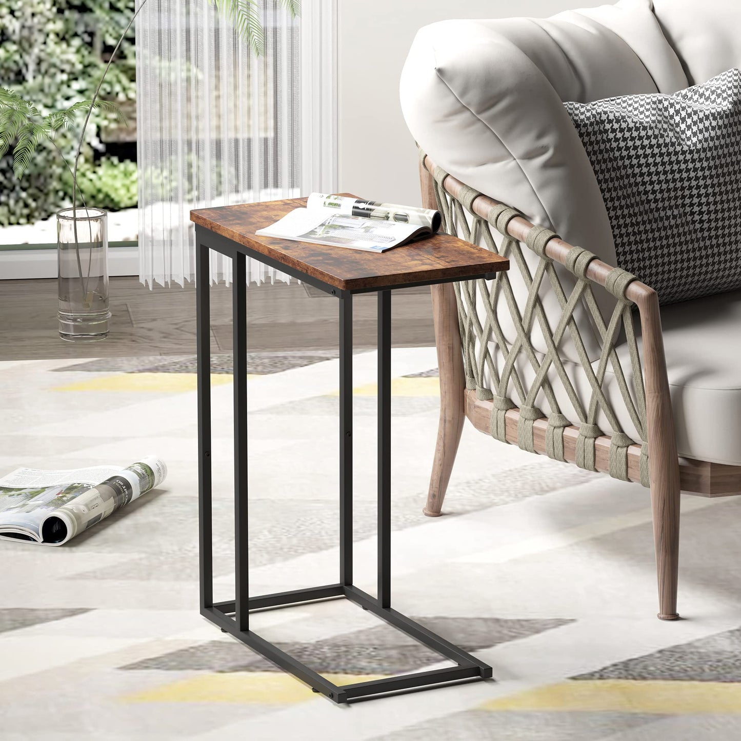 Yusong Small C Shaped End Table, Slim Narrow Couch Side Tables Slide Under Sofa Bed, Skinny Snack Tray Table for Coffee Laptop in Living Room, Rustic