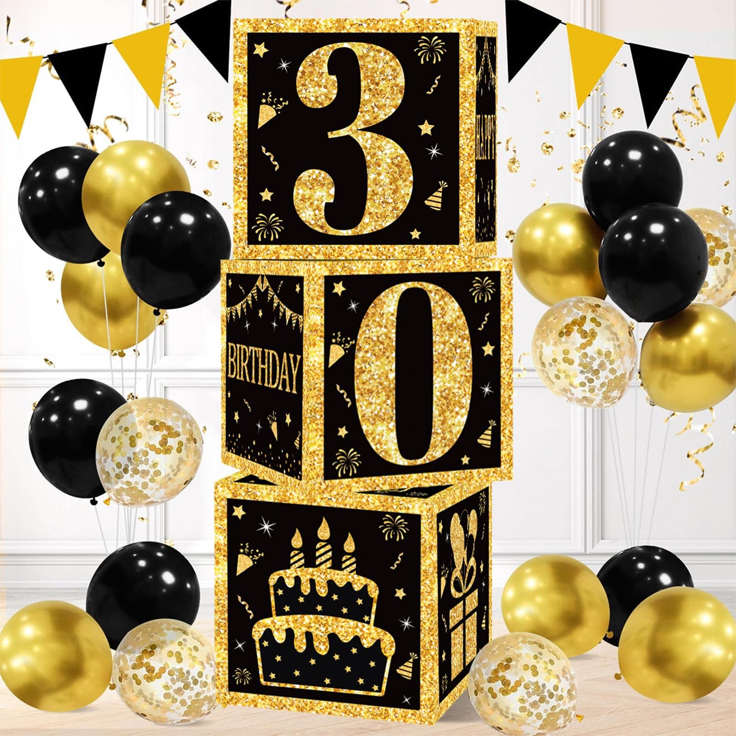QIFU 30th Birthday Decorations Box for Men Him - 3pcs 30th Birthday Boxes Black and Gold, 30 Birthdays Party Decoration Black Gold Table Centrepiece