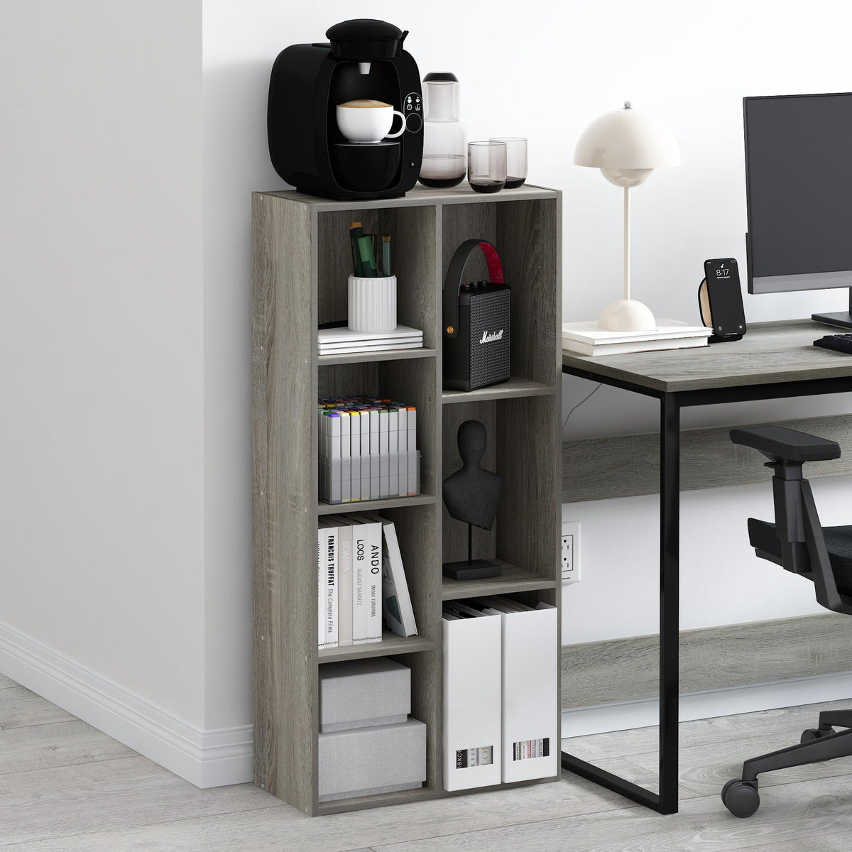 Furinno LUDER Book Shelf, 7-Cube Bookshelf, Bookcase, 9.4 x 19.5 x 41.7, for Living Room, Bedroom, Home Office, French Oak