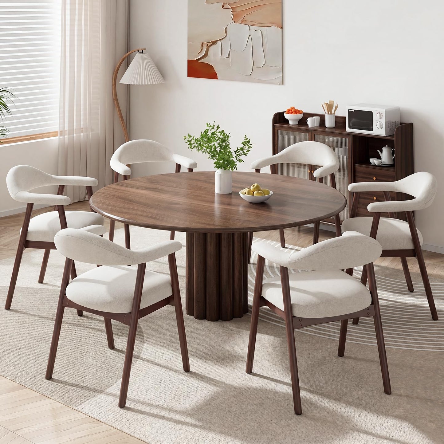 MALOL Wooden Dining Chairs Set of 6, Fabric Chairs for Dining Room with Armrest, Upholstered Kitchen Chairs with Curved Back and Wood Legs for Dining