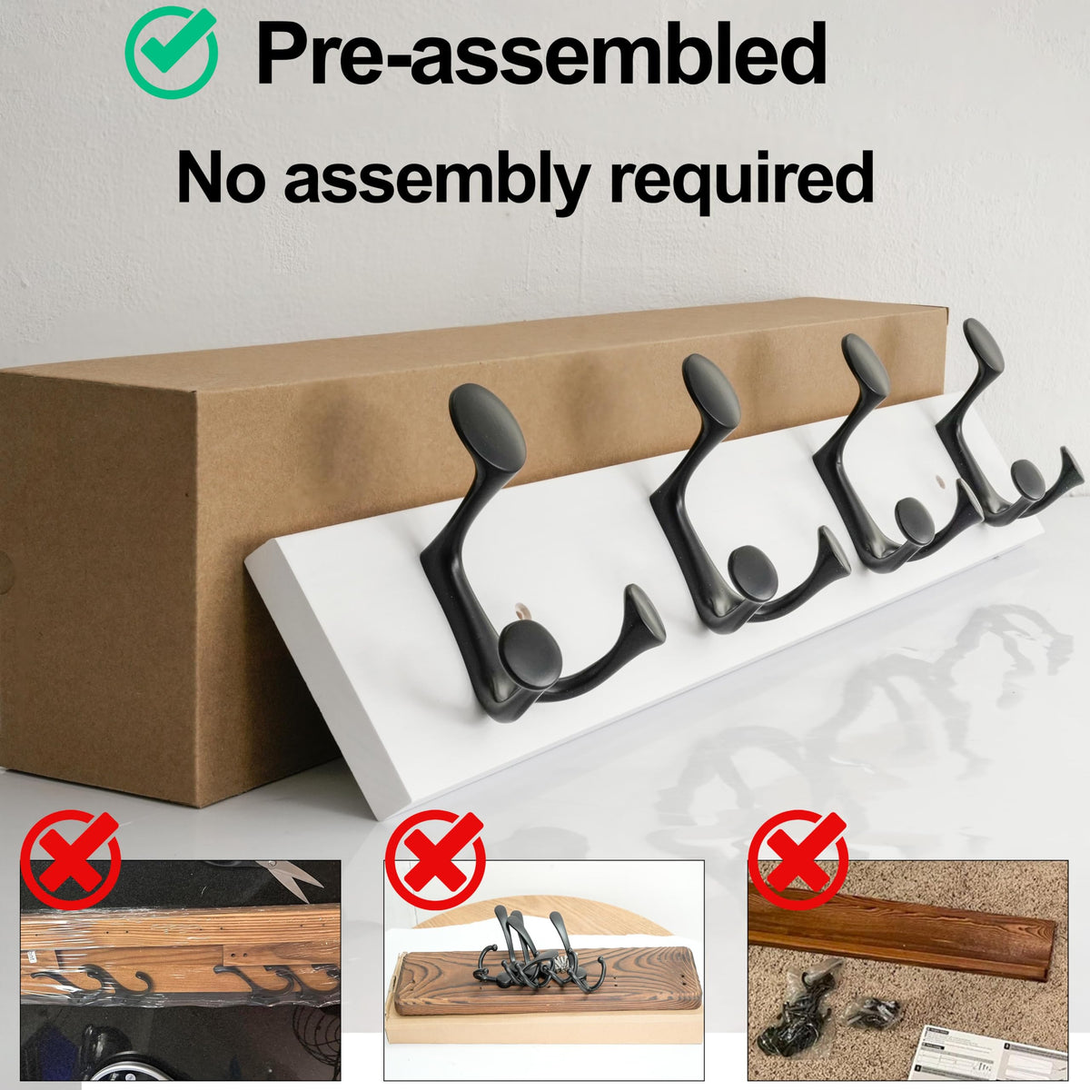 HONSKY Wall Mounted Coat Rack, 61cm White Pine Wood Base, 4 Black Sturdy Aluminium Alloy Triple Hooks(12 Hanging Points)
