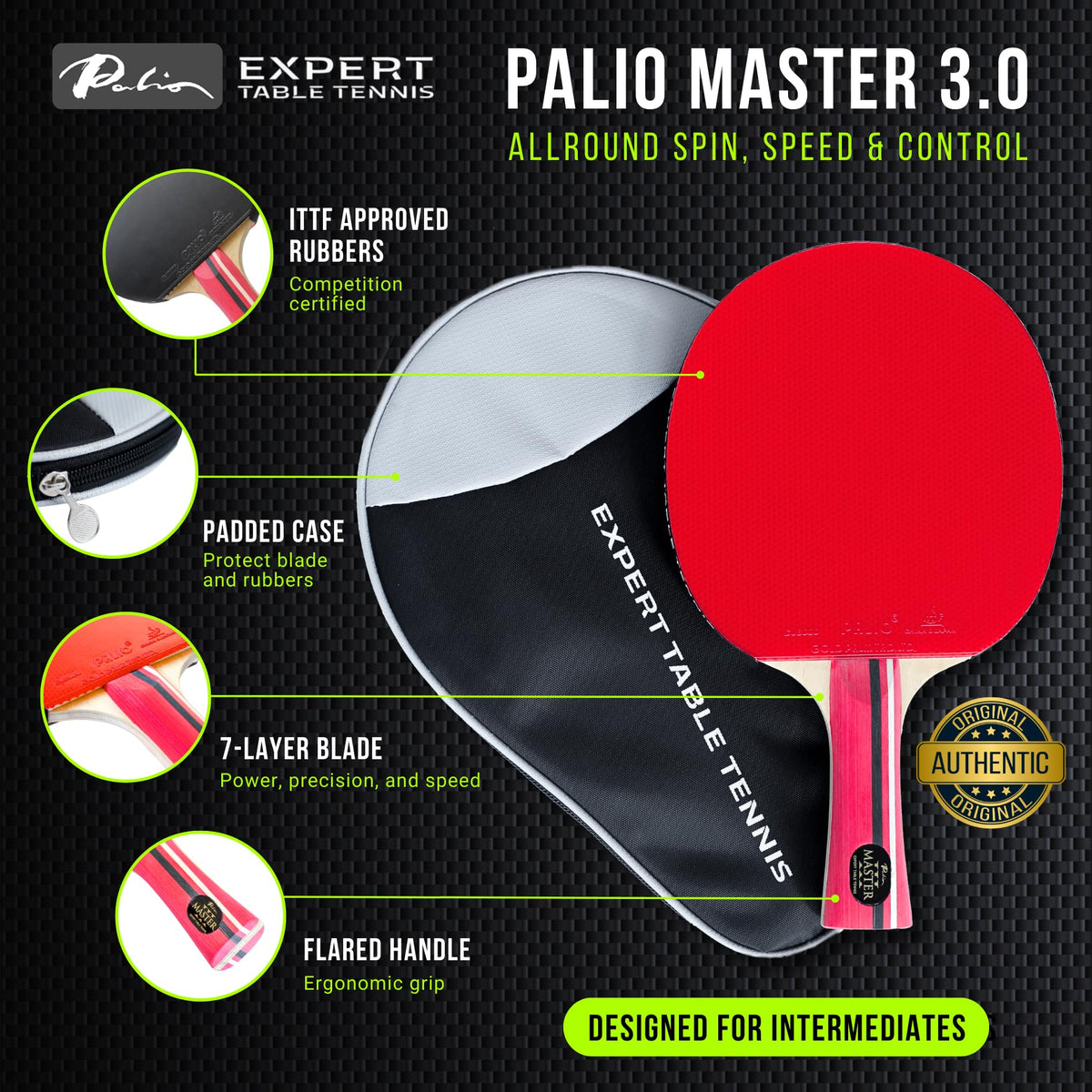 Palio Master 3.0 Table Tennis Bat & Case | ITTF-Approved Intermediate Ping Pong Racket | Allround Speed, Spin and Control