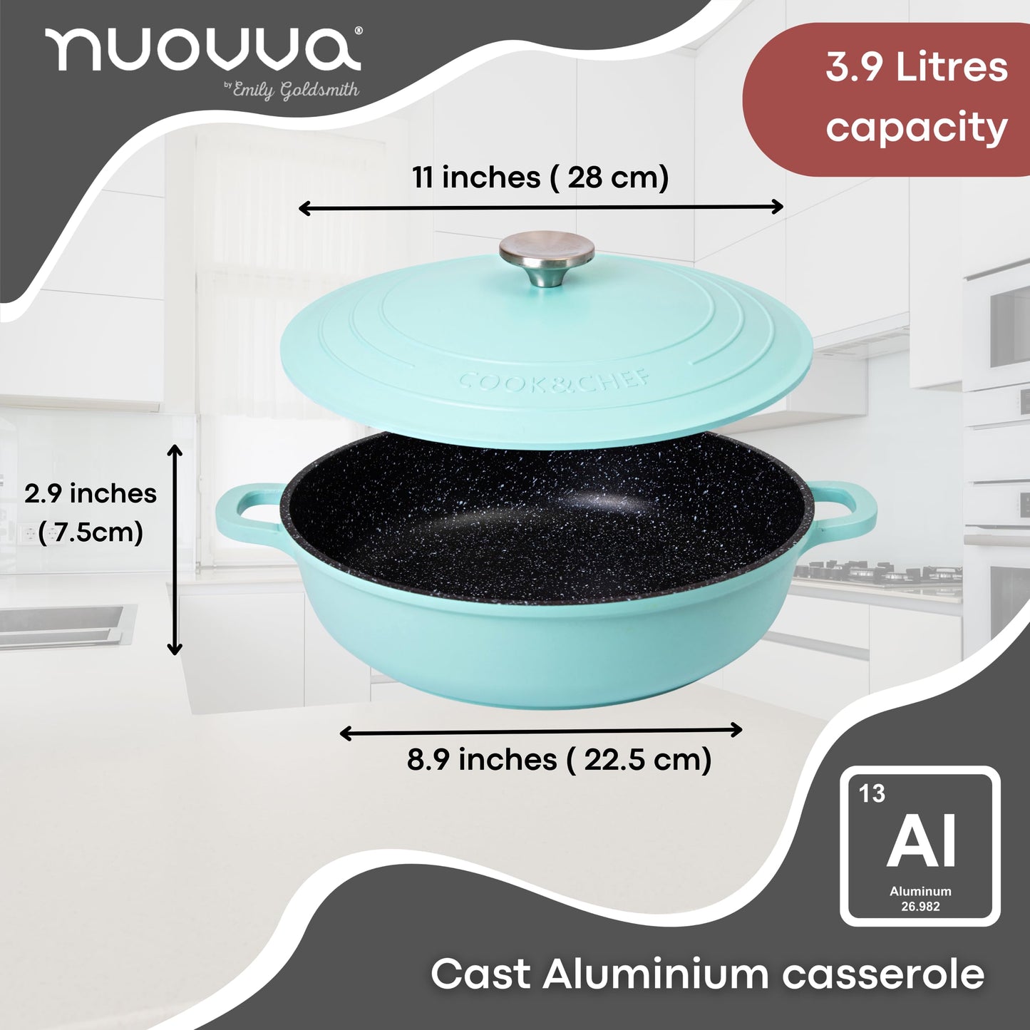 Casserole Dishes with Lid Oven Proof  Non Stick Shallow Dutch Oven  Induction Cooking Pot  Oven Safe Aluminium Stockpot  3.9L, 28cm, Teal  by