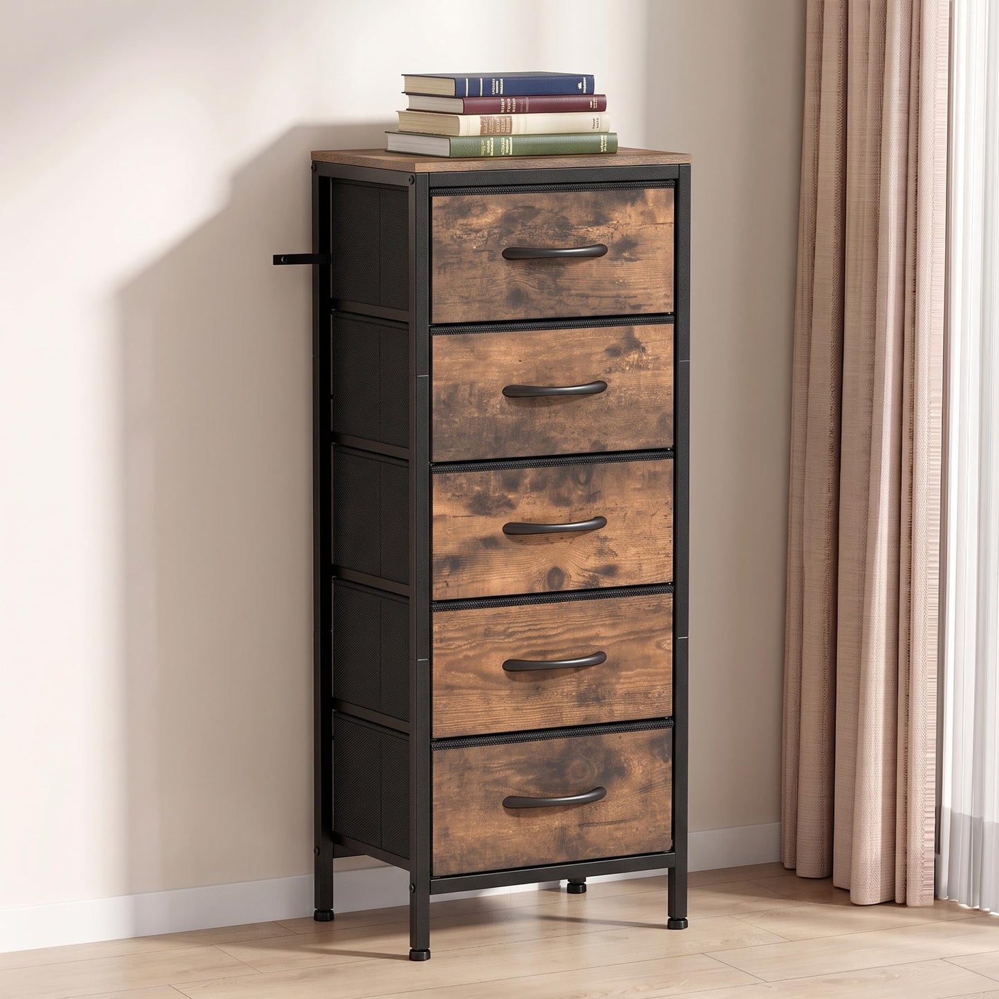 Suuiwau Tall Chest of Drawers, 5 Fabric Drawer Storage Unit with Wood Top