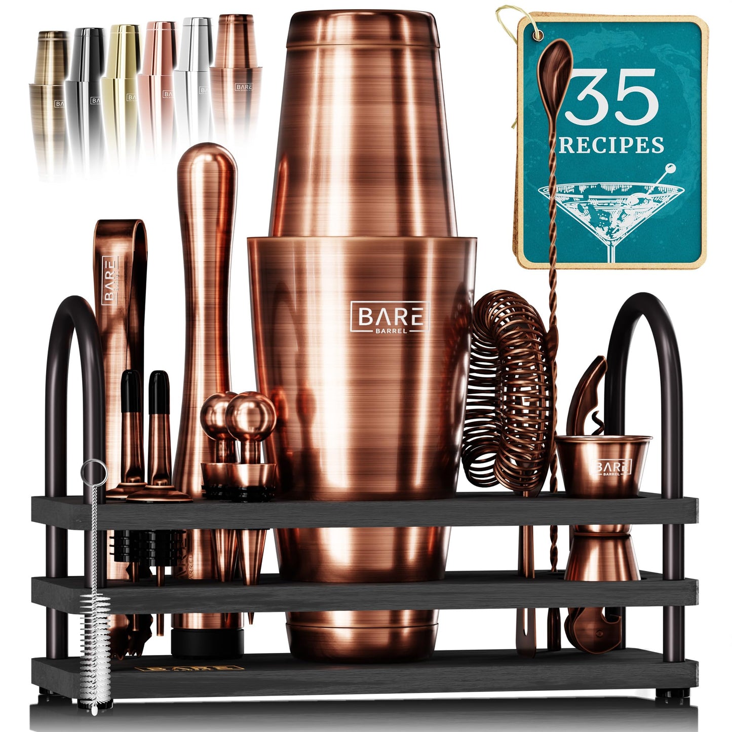 BARE BARREL Cocktail Making Kit | 14-Piece Bartender Kit Cocktail Shaker Set Maker | Display Stand & 35 Recipe Cards | Mixology Cocktail Gift Set