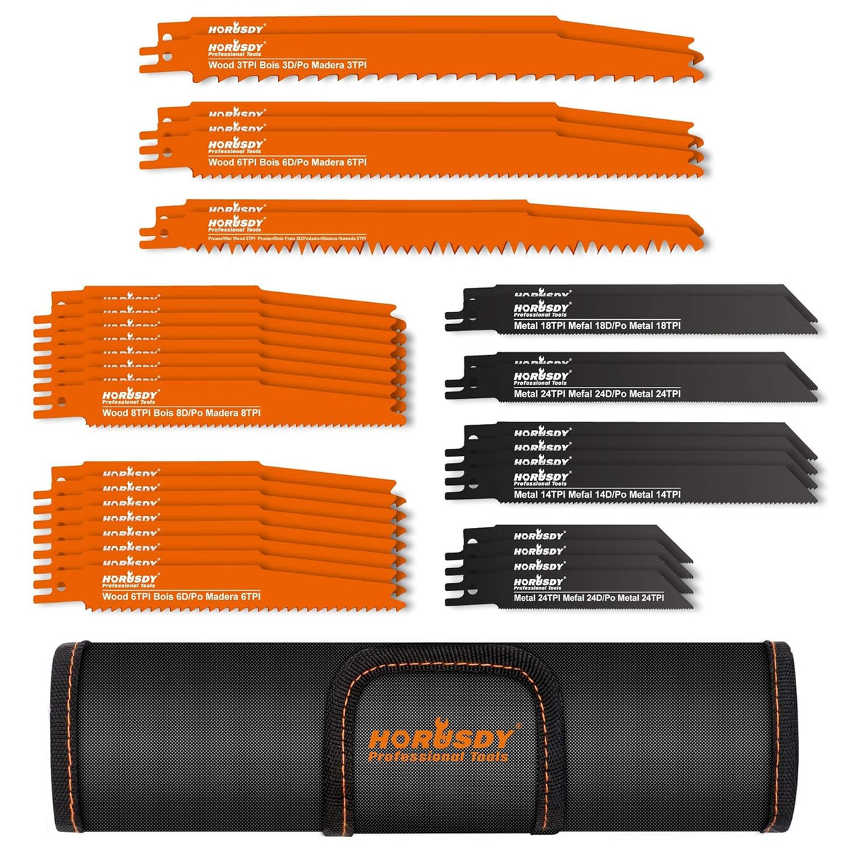 HORUSDY 34-Piece Reciprocating Saw Blades Set, Steel for Metal, Plastic, Wood, and Drywall. Includes HCS Wood Pruning and BIM Metal Blades, Organizer