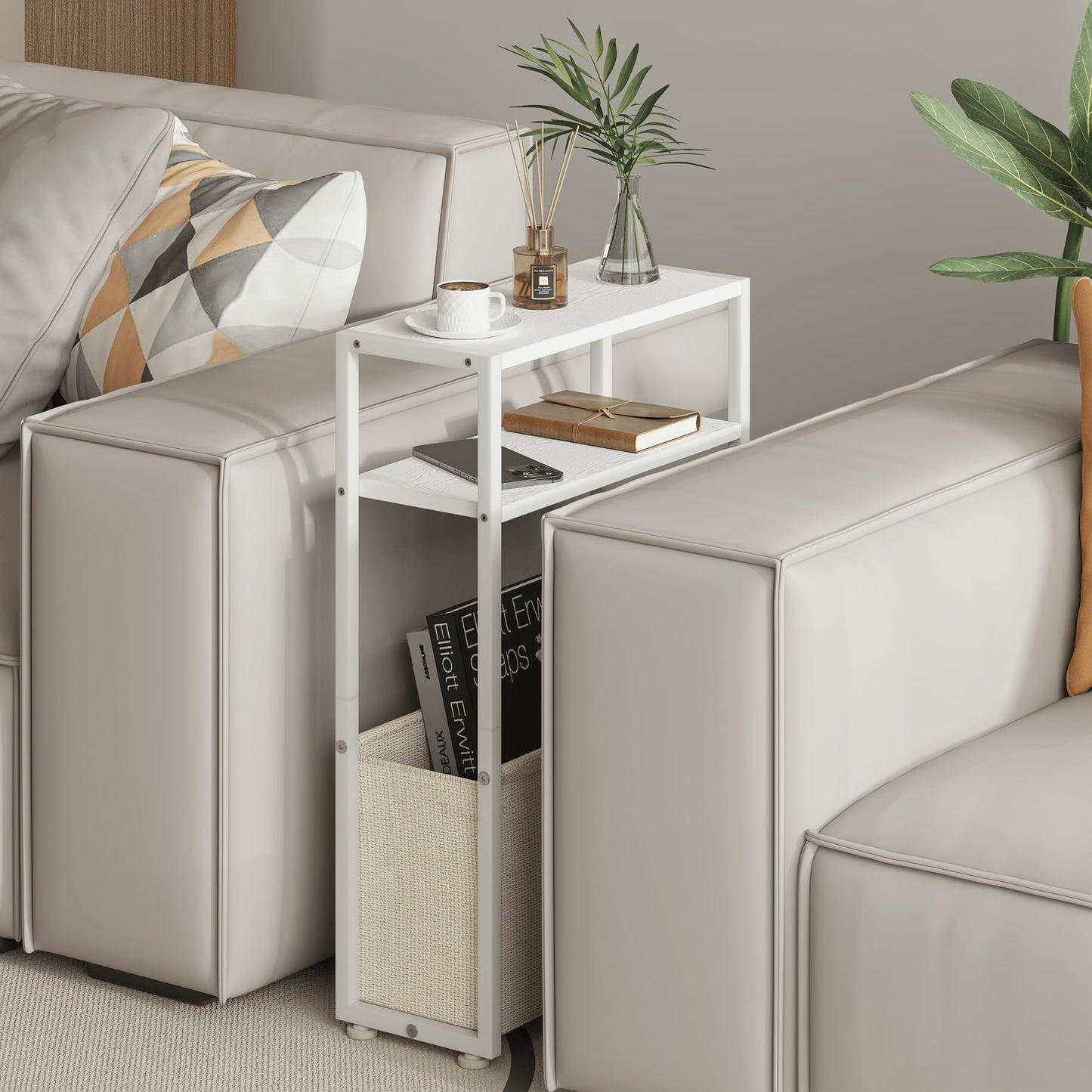 JERX Narrow Side Table with Fabric Basket, End Table for Small Spaces, Slim Side Table with Magazine Rack for Living Room Office Bedroom and Bathroom