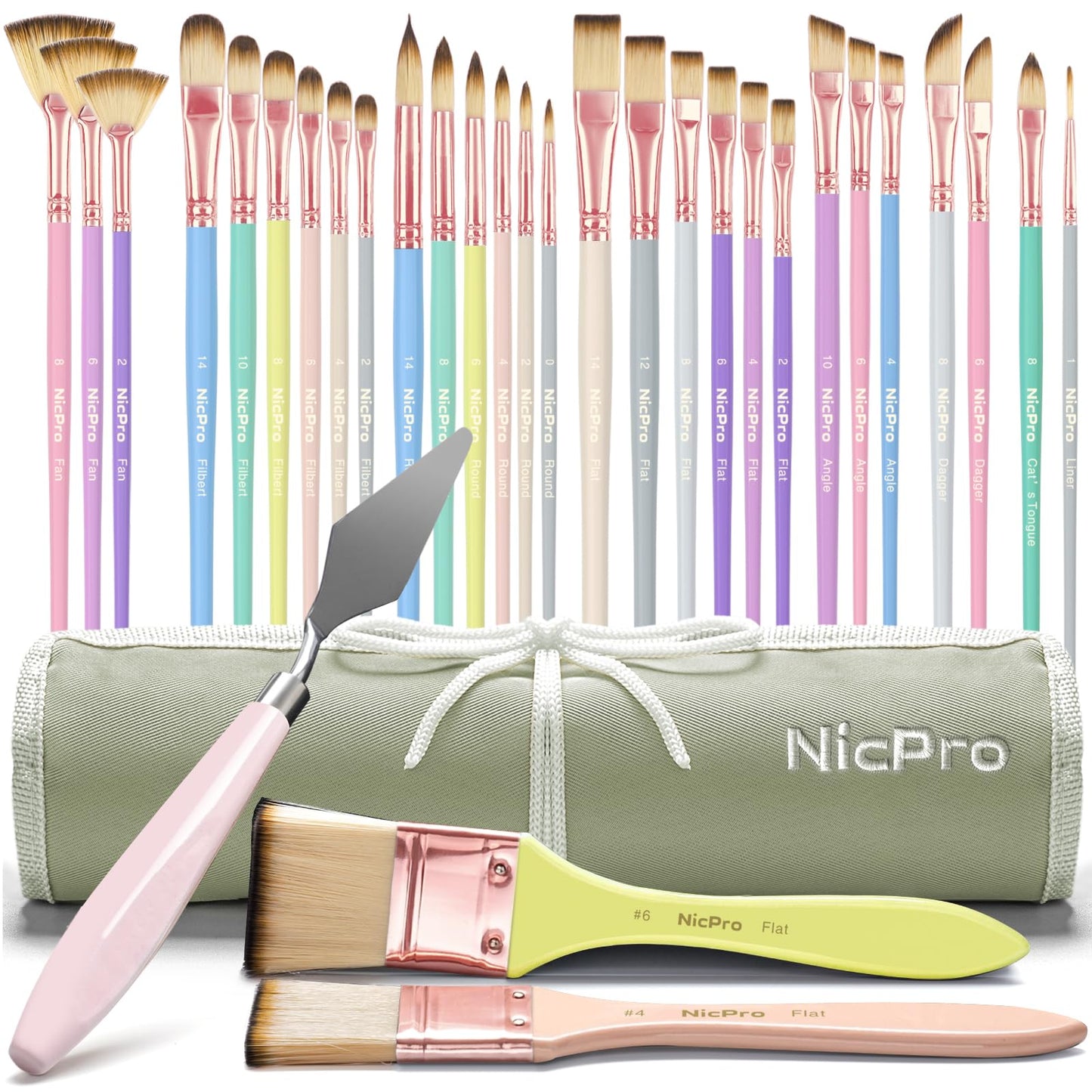 Nicpro 30pcs Paint Brush Set, Aesthetic Pastel Paintbrushes with Paint Spatula and Cloth Roll, Craft Paint Brushes for Acrylic Painting Oil