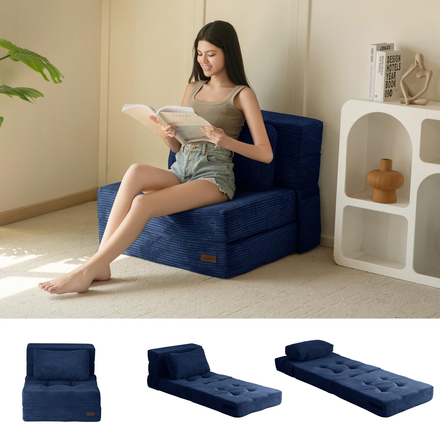MAXYOYO Folding Foam Sofa Bed, Tri-Fold Mattress with 1 Pillow, Convertible Sofa Chair Futon Z Bed with 15cm Thincken Foam