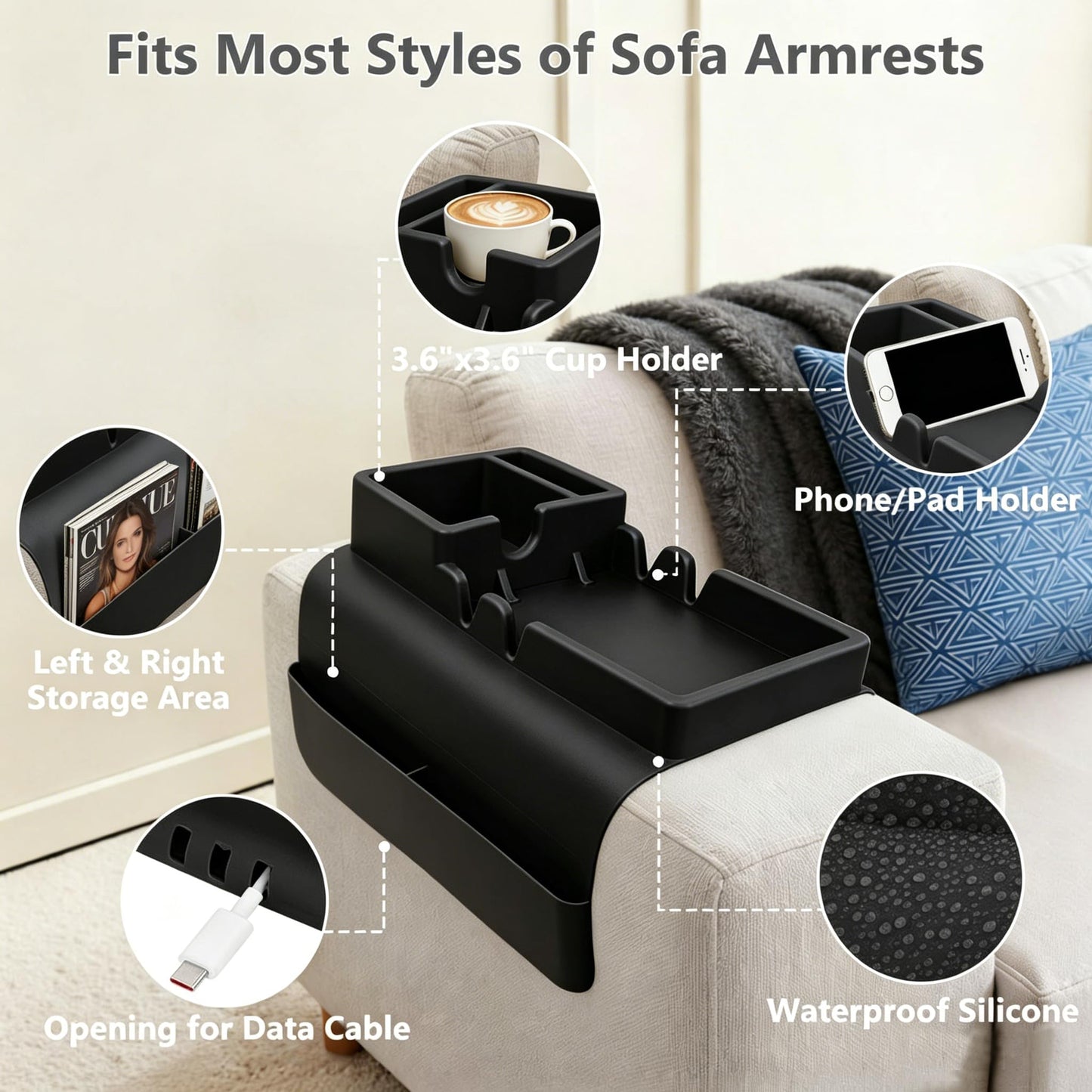 Silicone Sofa Arm Tray, Couch Cup Holder Tray, Sofa Armrest Organizer