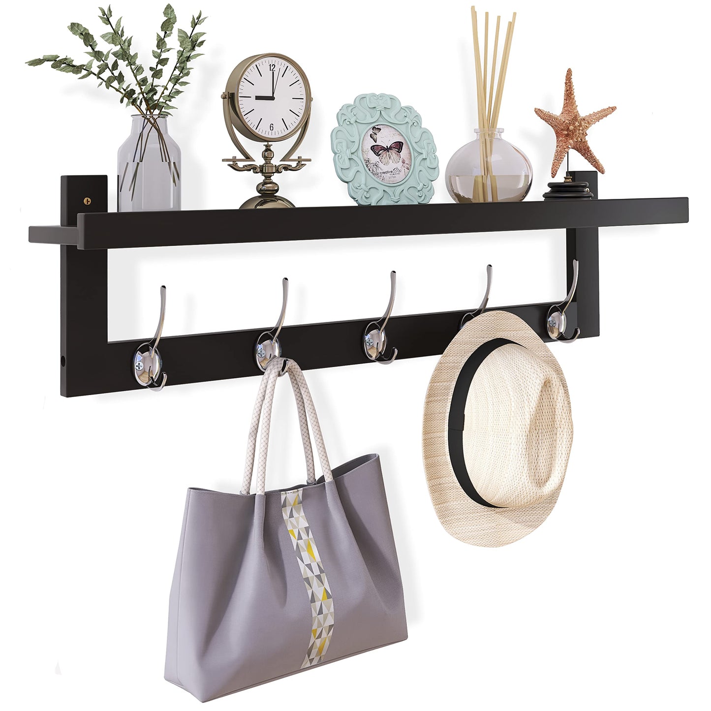 SMIBUY Coat Hooks with Shelf Wall-Mounted, 74 cm Entryway Coat Rack for Wall, Bamboo Hanging Shelf with 5 Double Metal Hooks for Bathroom, Bedroom