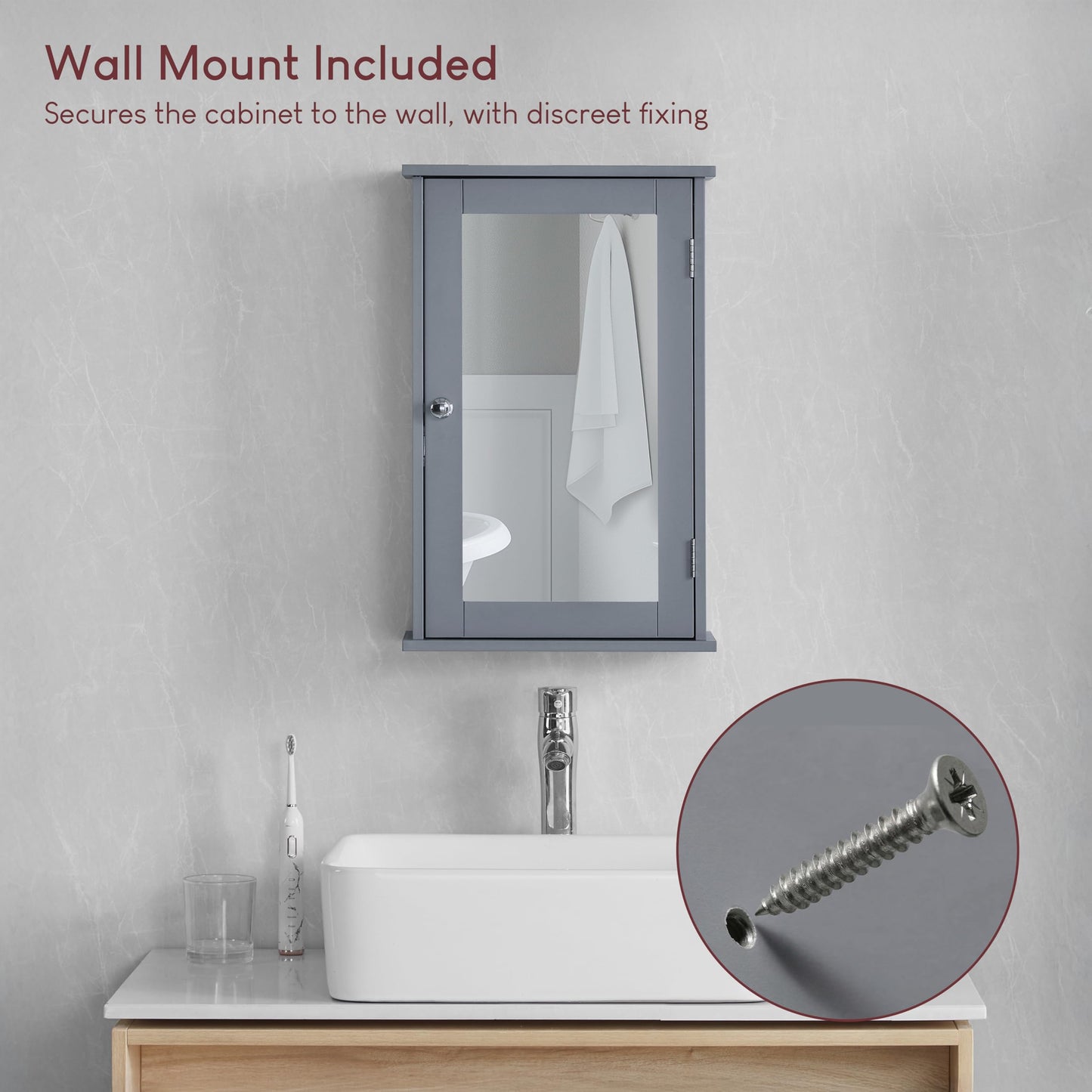 Bath Vida Priano Bathroom Cabinet Single Mirrored Door Wall Mounted, Grey