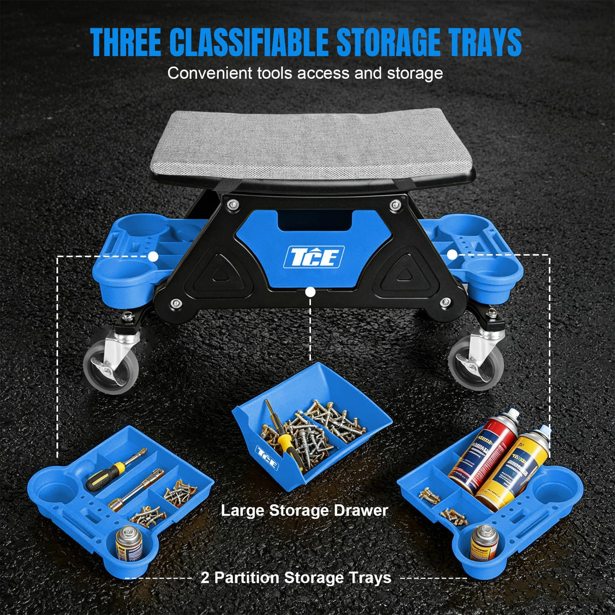 TCE Garage Mechanics Seat with Wheels, Creeper Seat with Two Tool Tray