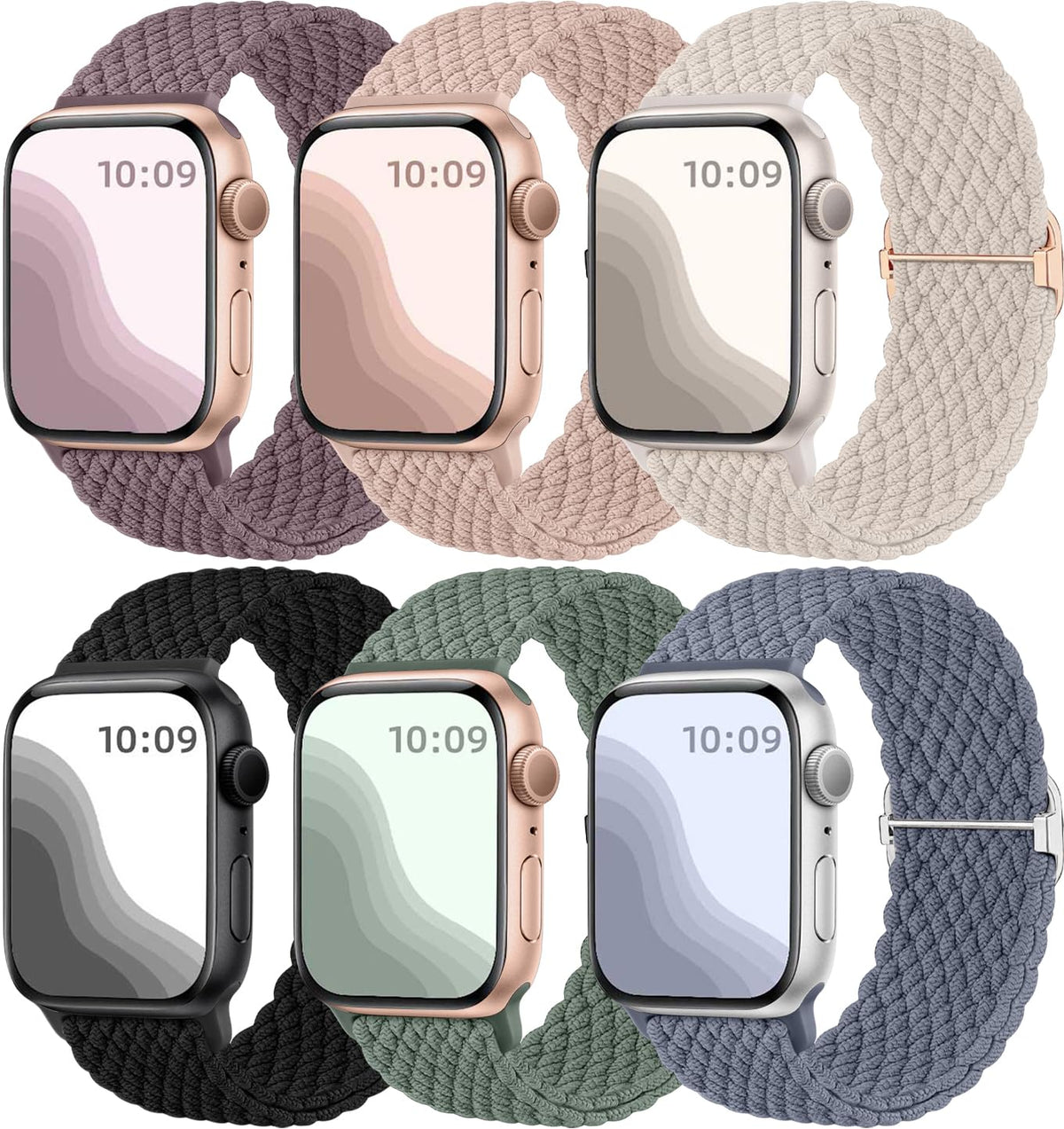 Maledan 6 Pack Braided Solo Loop Compatible with Apple Watch Straps 44mm 45mm 42mm 46mm 49mm Women Men, Adjustable Nylon Stretchy Elastic Sport Band