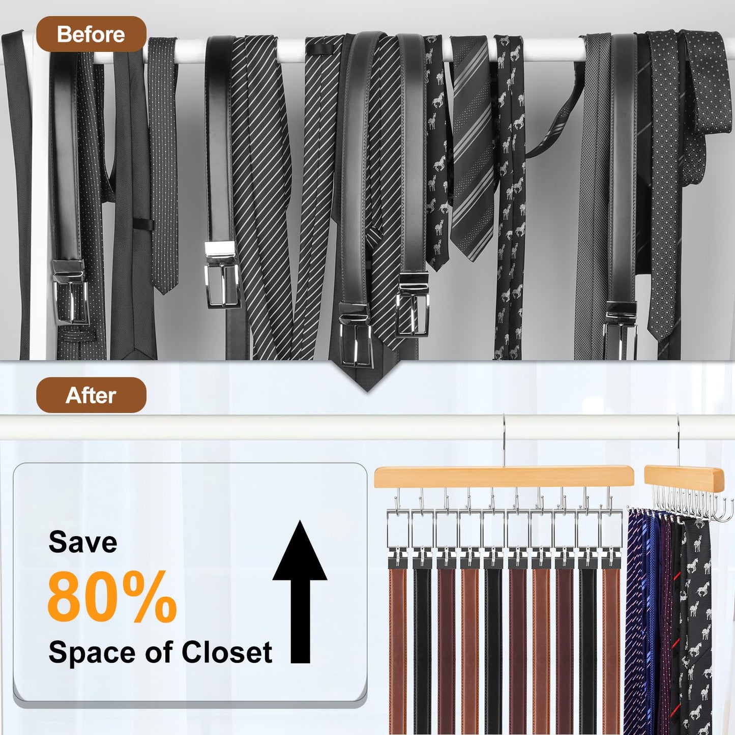 TOPIA HANGER 2 Pack 2 in 1 Belt Tie Hanger for Closet Max 60 Belts with 60 Ties Capacity
