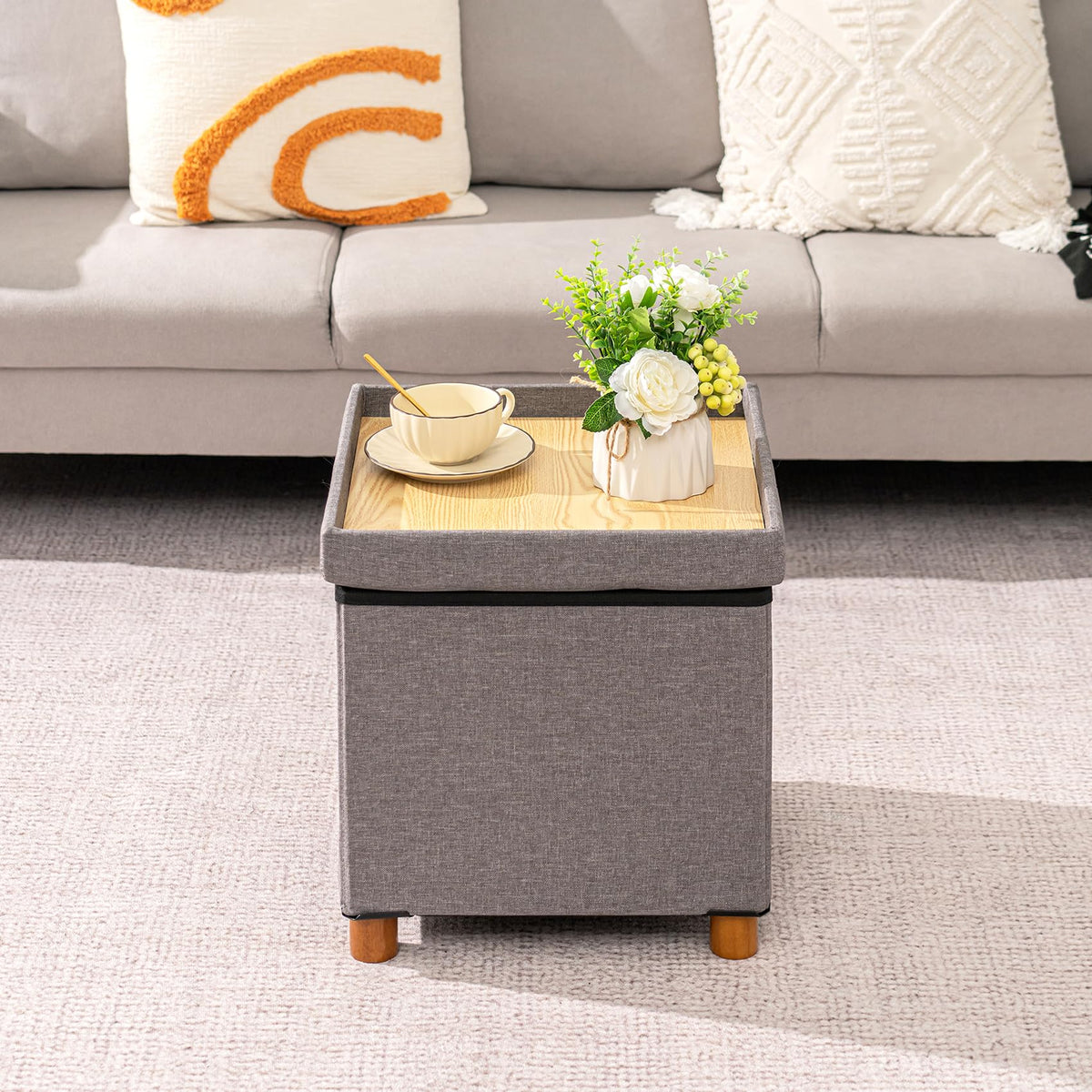 Bonlife Footstool for Living Room,Grey Ottoman Storage Box with 4 Wood Legs,Folding Ottoman Coffee Table with Storag,38x38x38cm