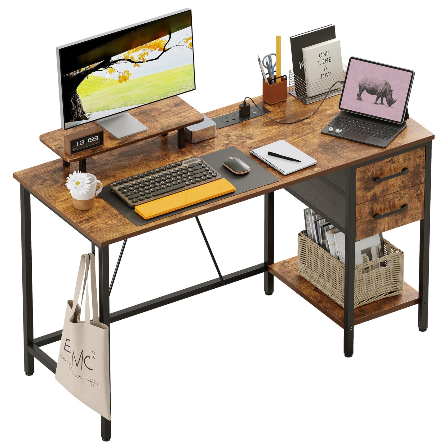 Xyphren 100cm Computer Desk with Drawers & Power Outlets, Office Desk with Storage Monitor Stand, Reversible Small Desks for Home Office Bedroom