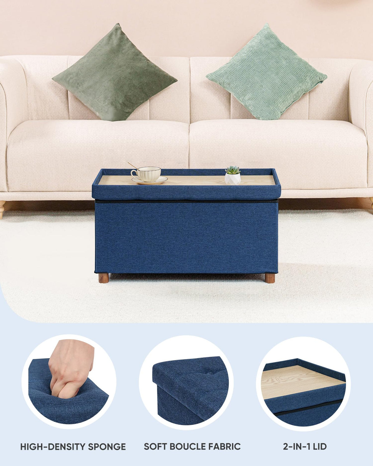 Bonlife Storage Ottoman with Tray, Foldable Bench with Wooden Legs