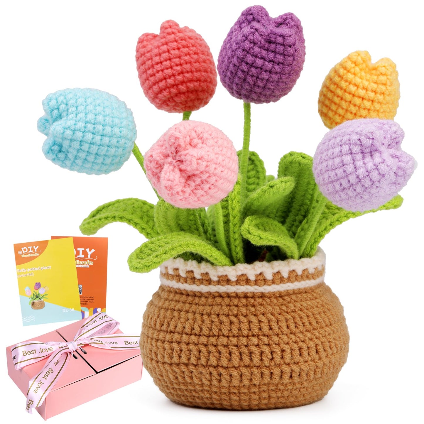 ENCHOL Beginner Crochet Kit, Complete Crochet Kits-Flower Bouquet Potted, Crochet Potted Flowers, Mother's Day Colorful Tulip Potted DIY Crochet Kits