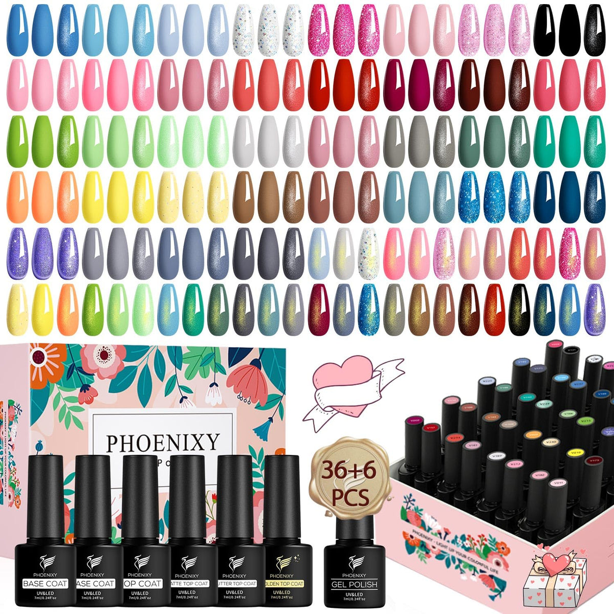 Gel Nail Polish Set, Phoenixy 144 Effects 36 Colors U V Gel Nail Polish with Glossy Matte Glitter Golden Top Base Coat, Pink Yellow Blue Colours