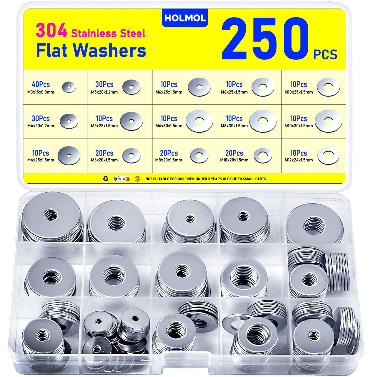 Washers 250 PCS, HOLMOL Flat Penny Washers, Stainless Steel Washer for Screws & Bolts with 15 Sizes M3 M4 M5 M6 M8 M10 M12, Flat Metal Washer Assorted