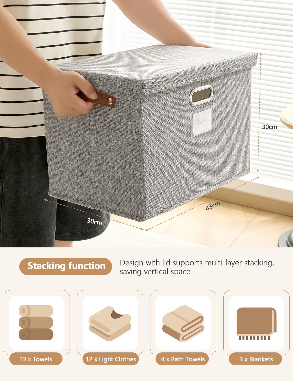 Bagnizer Storage Boxes with Lids 2PCS Foldable Fabric Storage Boxes Large Stackable Storage Baskets for Shelves Storage Box for Clothes Wardrobe Grey