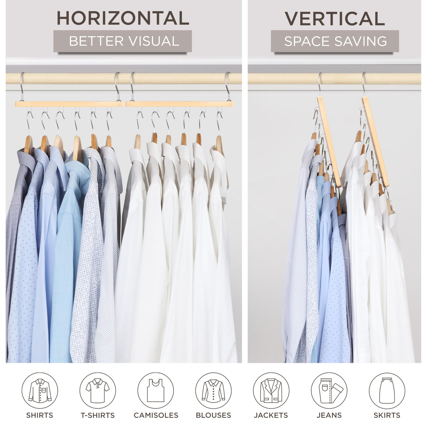 MORALVE Space Saving Hangers for Wardrobe – 4 Pack European Beechwood 6-Tier Shirt Organiser with 360° Swivel Hook