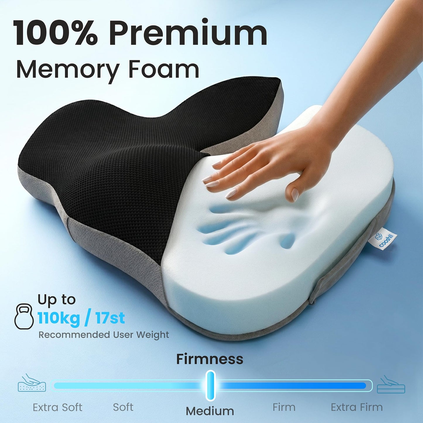 Cooshii Memory Foam Seat Cushion – Coccyx Cushion for Tailbone & Sciatica Support