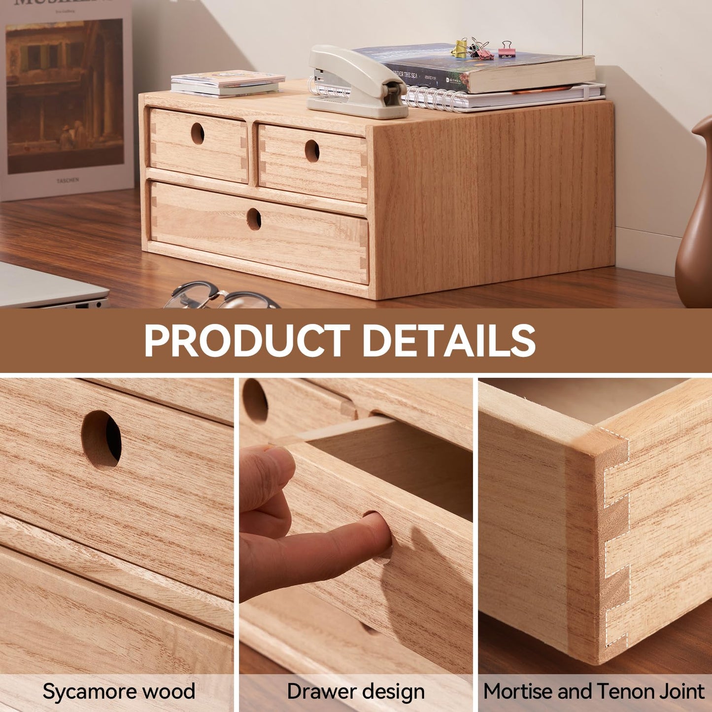 KIRIGEN Wooden Desktop Organizer Office Supplies Filing Tidy Storage Shelf Storage Cabinet Jewelry Organizer with 3 Drawers Natural