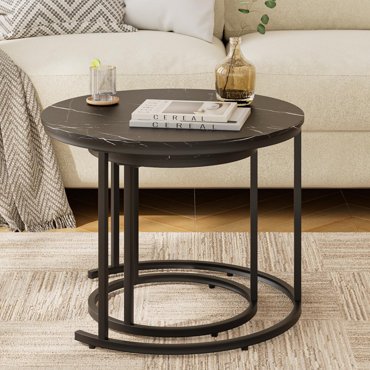 HEYZOEY Round Coffee Tables, Removable Set of 2 End Table, Nesting Tables with Metal Frame Legs and Black Top for Living Room, Bedroom, Office