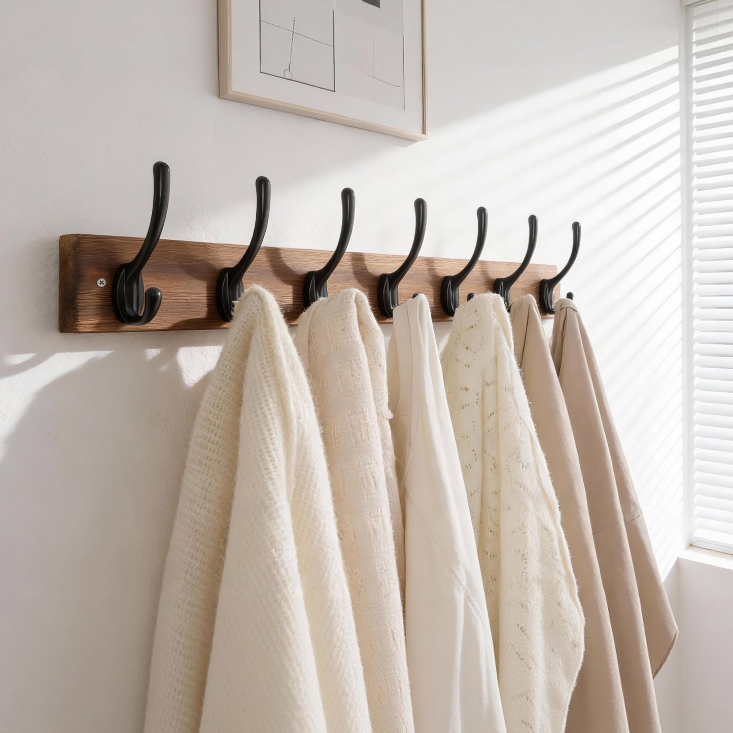 HONSKY Wall Coat Rack with 7 Double Hooks,50cm Wall Coat Hook,Wooden Coat and Towel Hanger Storage for Entryway, Bathroom, Bedroom