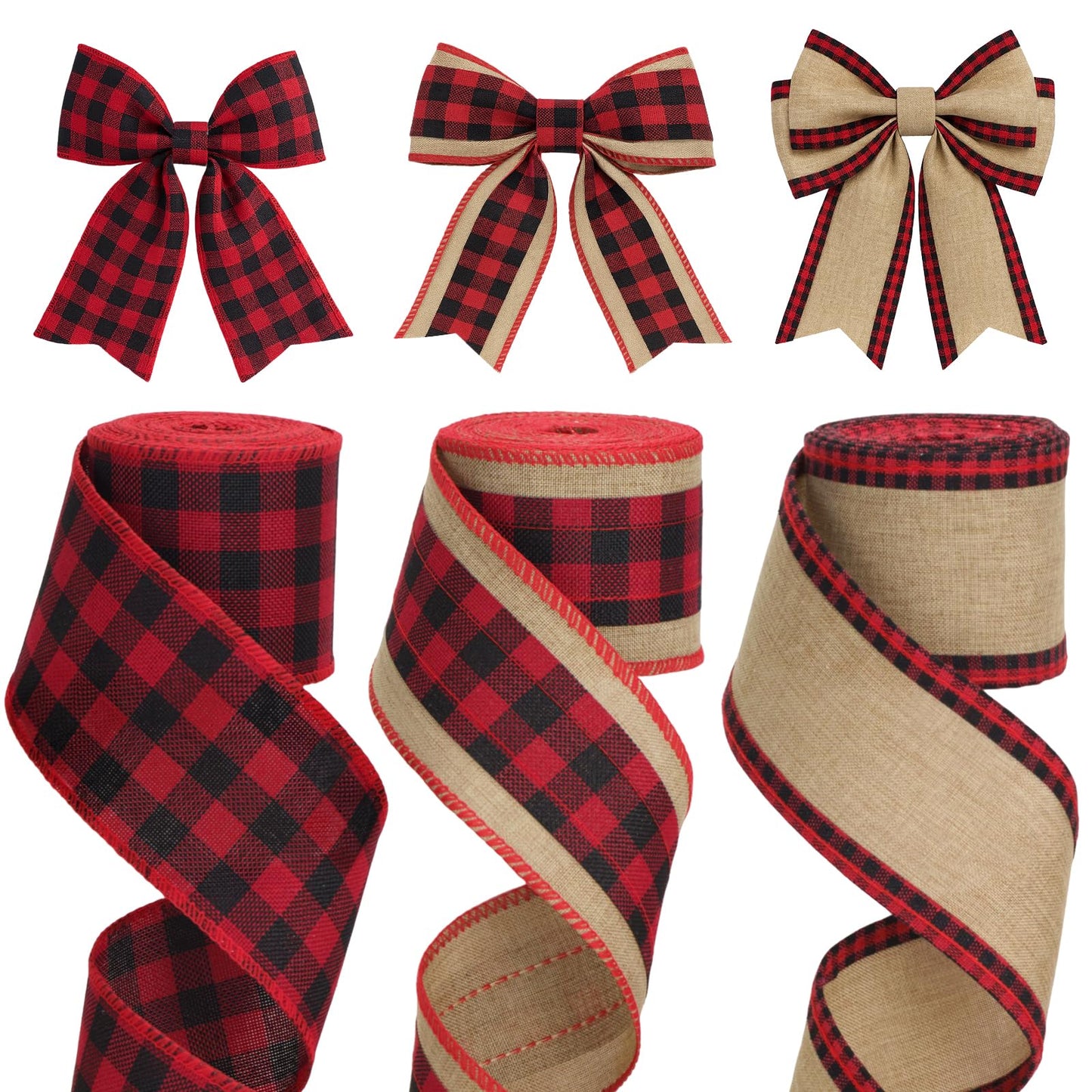 KINGLAKE 3 Rolls x 6 Yards Christmas Wired Ribbon for Wreath Bows Making, 2.5 Inch Tartan Wide Brown Red Black Burlap Hessian Ribbon for Gift Wrapping