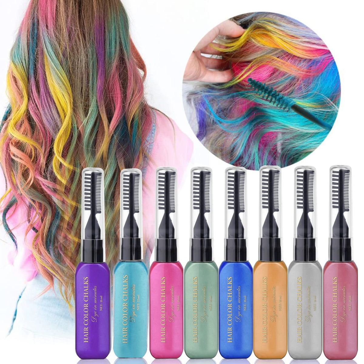 Hair Chalks for Colour Dyeing, 8 Coloured Hair Dye Temporary, Eight Washable Hair Dye Colours for Men and Women, Also Suitable for Eyelashes Eyebrow