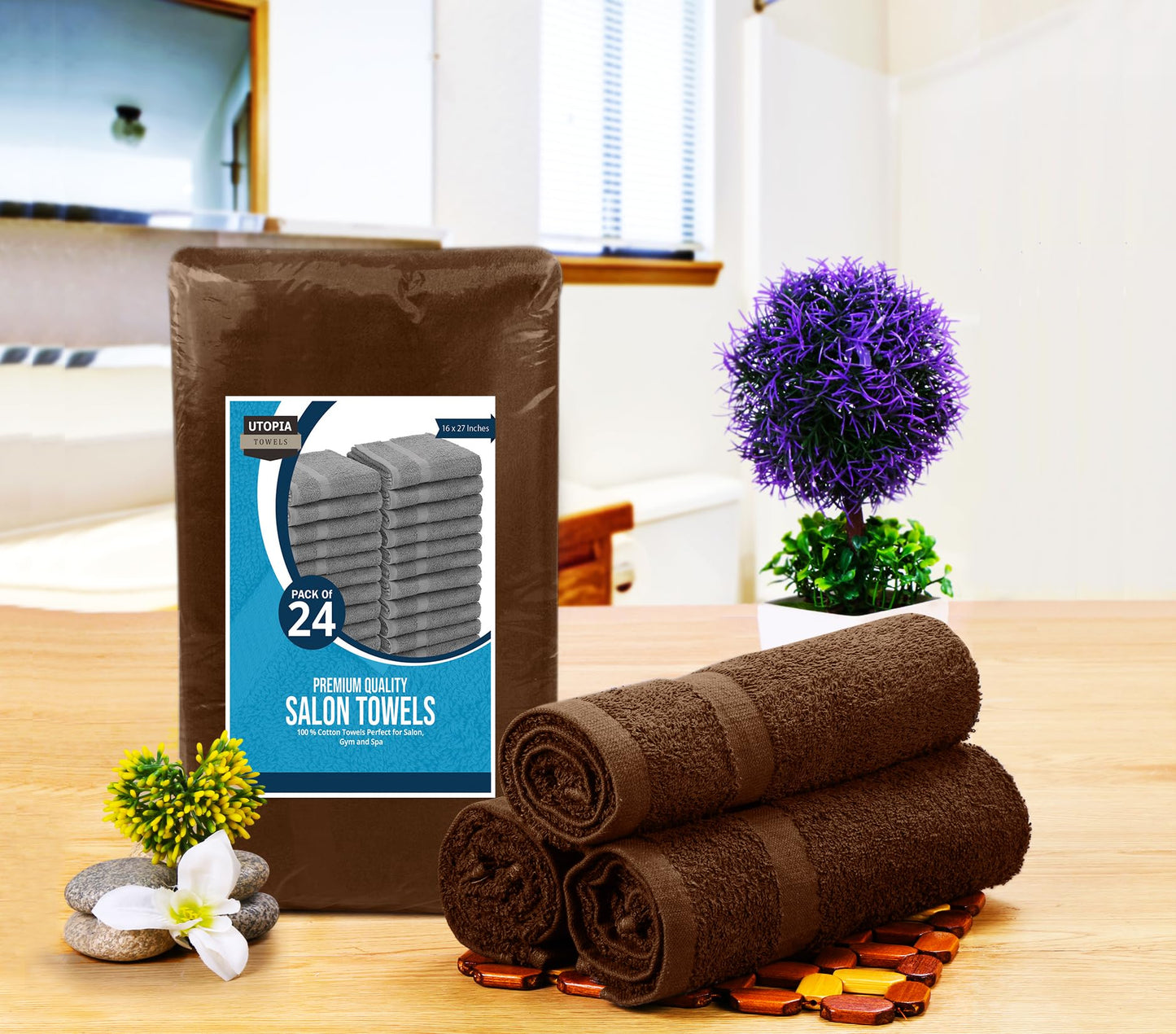 Utopia Towels Dark Brown Salon Towels, Pack of 24 (Not Bleach Proof, 16 x 27 Inches) Highly Absorbent Towels for Hand, Gym, Beauty, Hair, Spa
