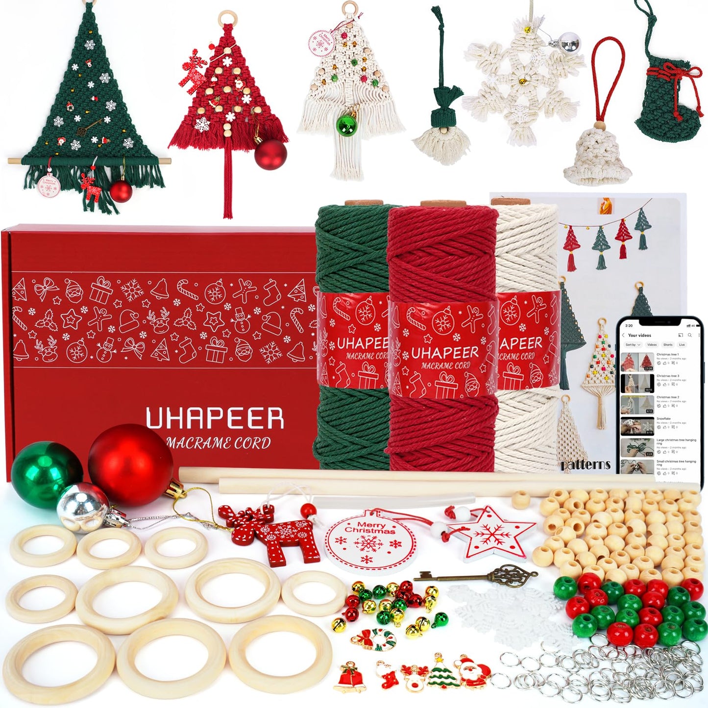 UHAPEER Macrame Kit for Christmas, 492ft Macrame Cord Kit for Beginners Adults with Instructions/Videos, Natural Cotton, Wood Ring/Stick, Christmas