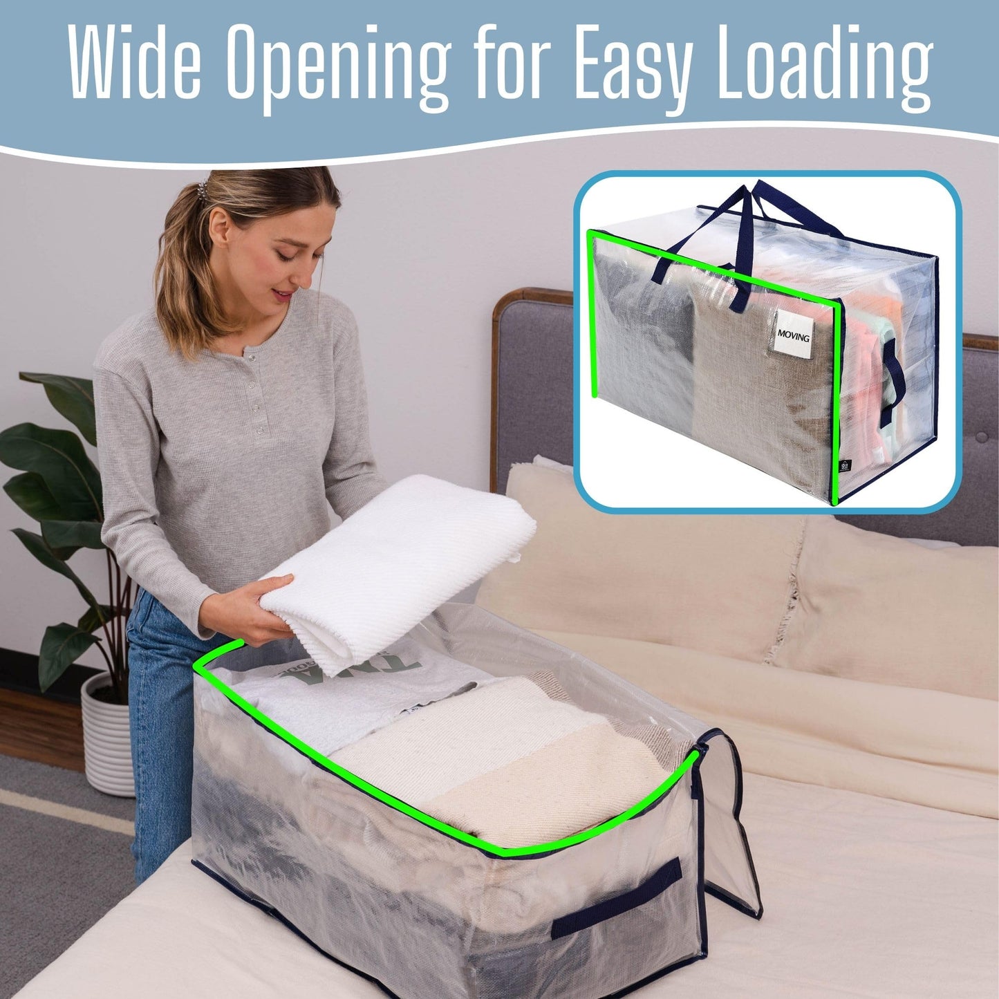 VENO 4 Pack Clear Extra Large Moving Bags & Storage Totes, Heavy Duty Organizer with Reinforced Handles & Strong Zippers for Clothes