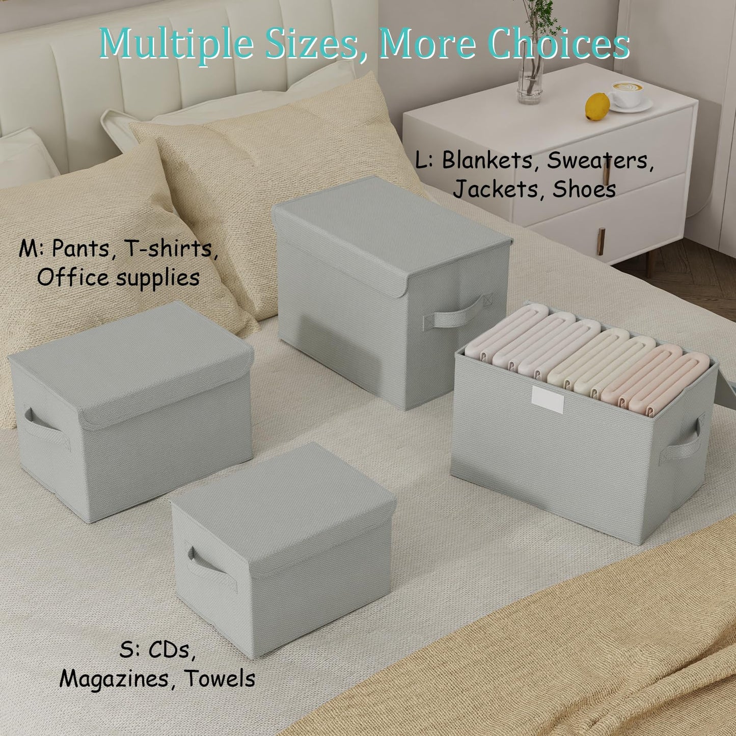 GUOHNHE Storage Bin with Lid, Closet Boxes, 2 Pack, Grey, 26x20x17 cm