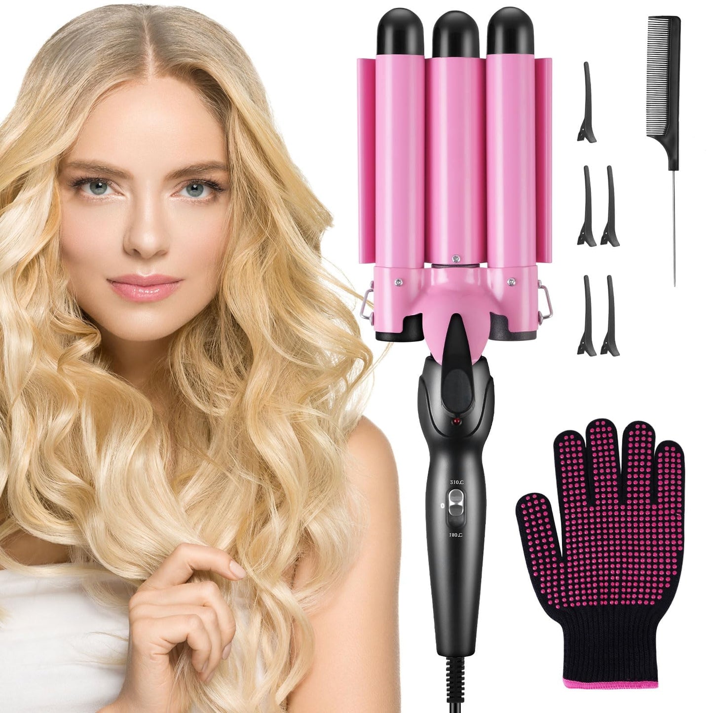 flintronic 25mm Hair Curler, 3 Barrels Curler Ceramic Curling Iron Wand Hair Wavers with Two Gear Temperature Control, Curling Tongs Crimping Bubble