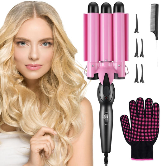 flintronic 25mm Hair Curler, 3 Barrels Curler Ceramic Curling Iron Wand Hair Wavers with Two Gear Temperature Control, Curling Tongs Crimping Bubble