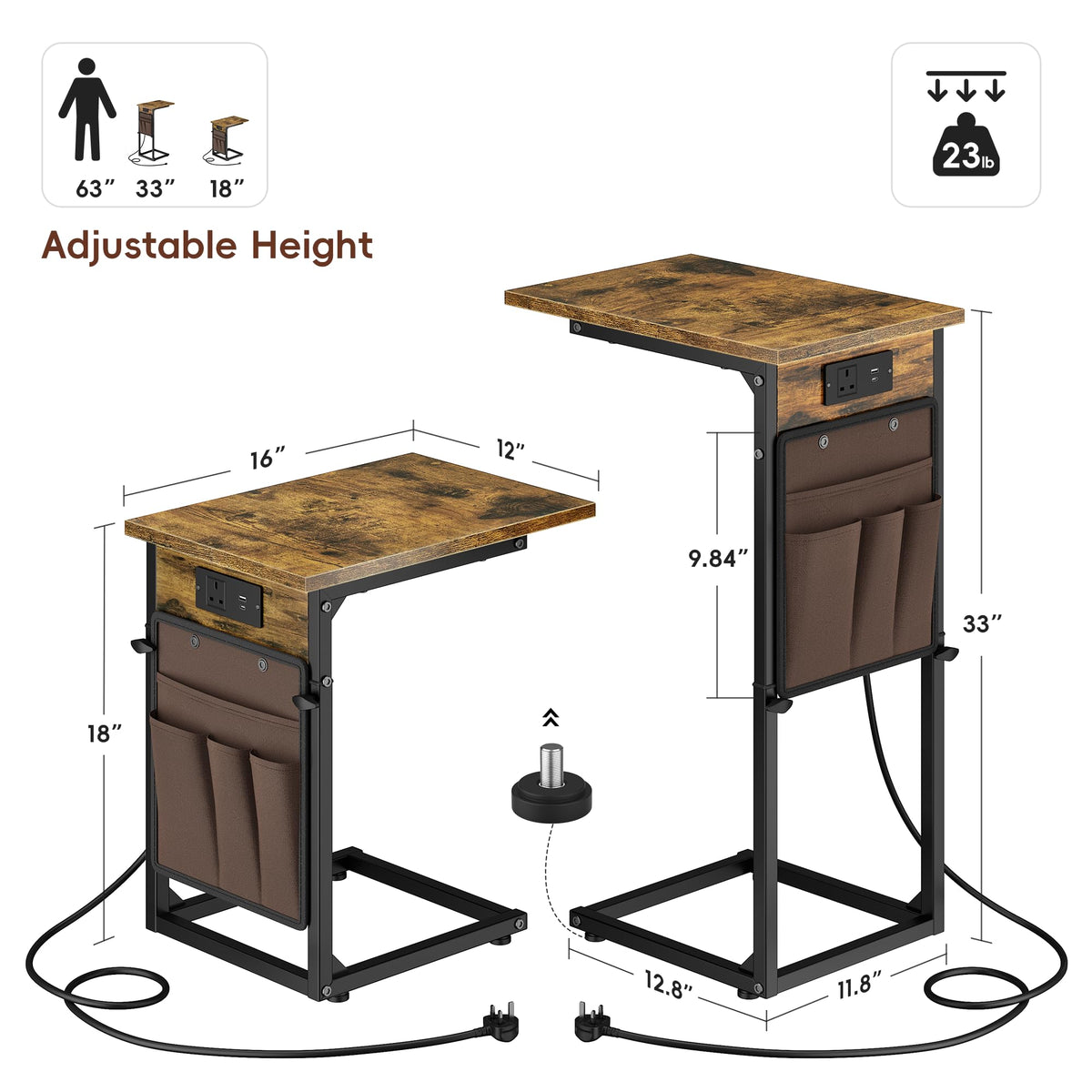 Vagusicc C-Shaped Side Table with Charging Station, Height Adjustable Sofa Side Table, Bedside Table, End Table for Small Spaces