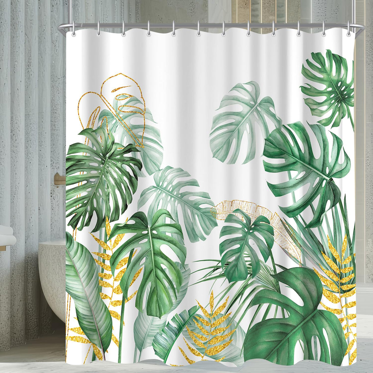 Shower Curtain 180 x 200 cm Golden Edged Bamboo Leaves Motif, Weighted Hem, Anti-Mould, Water-Repellent, Washable Polyester Bath Curtains with 12