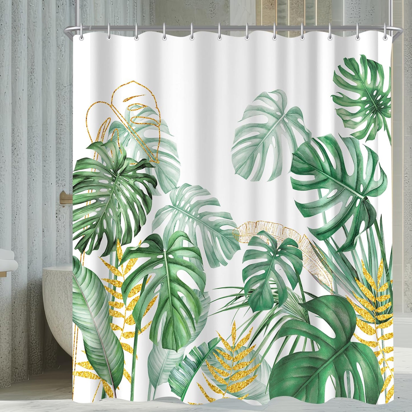 Shower Curtain 200 x 200 cm Golden Edged Bamboo Leaves Motif, Weighted Hem, Anti-Mould, Water-Repellent, Washable Polyester Bath Curtains with 12