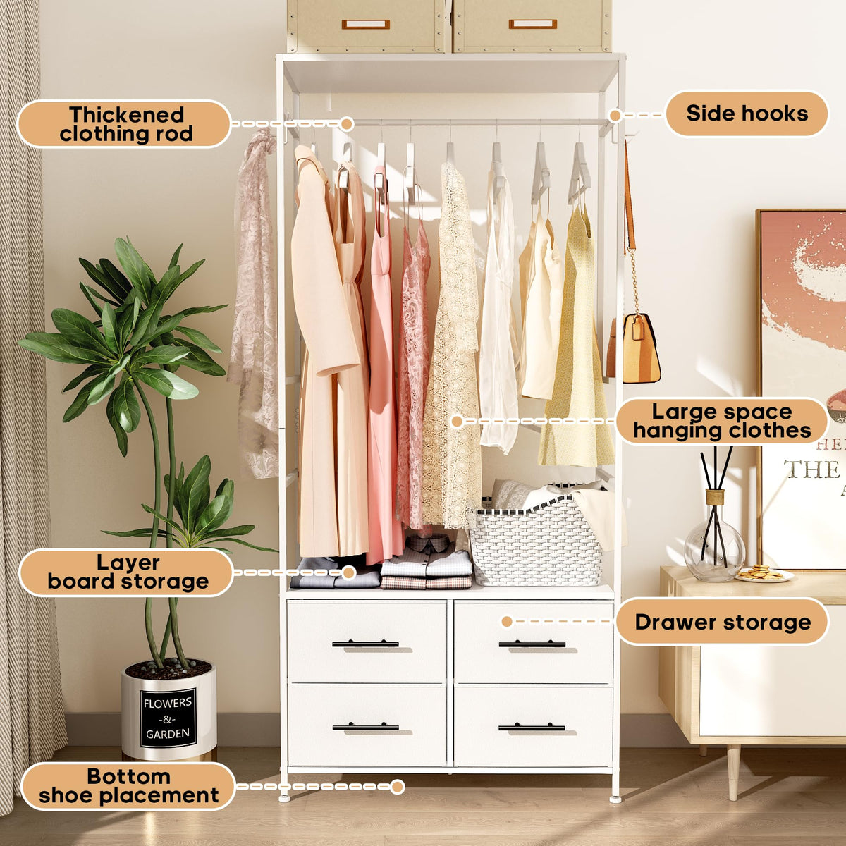 MYGIIVOVO Open Wardrobe, Clothes Rail with Drawers for Bedroom, with 4 White Fabric Drawers, 4 Side Hooks and Metal Frame 30D x 80W x 172H cm