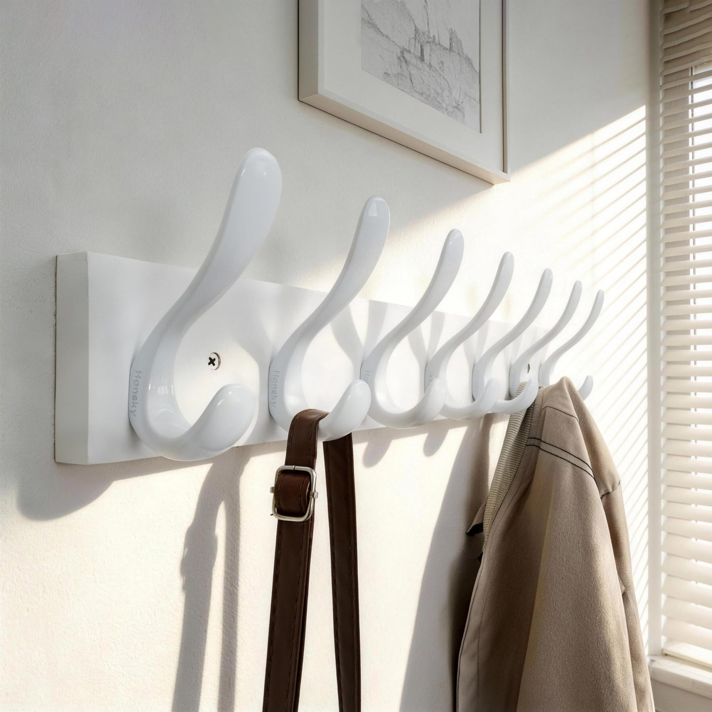 HONSKY Wall Coat Rack, 53cm Wooden Coat Hanger with 7 Double Hooks,Wall Coat Hook,Towel Rack Hanging Coat,Towel,Bag for Entryway, Hallway, Bedroom